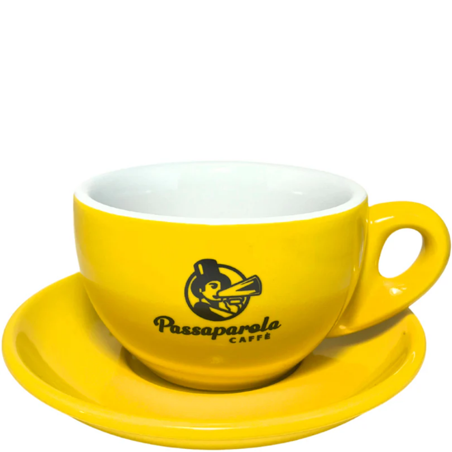Passaparola Milchkaffee Tasse – Gelbe Porzellantasse mit Unterteller